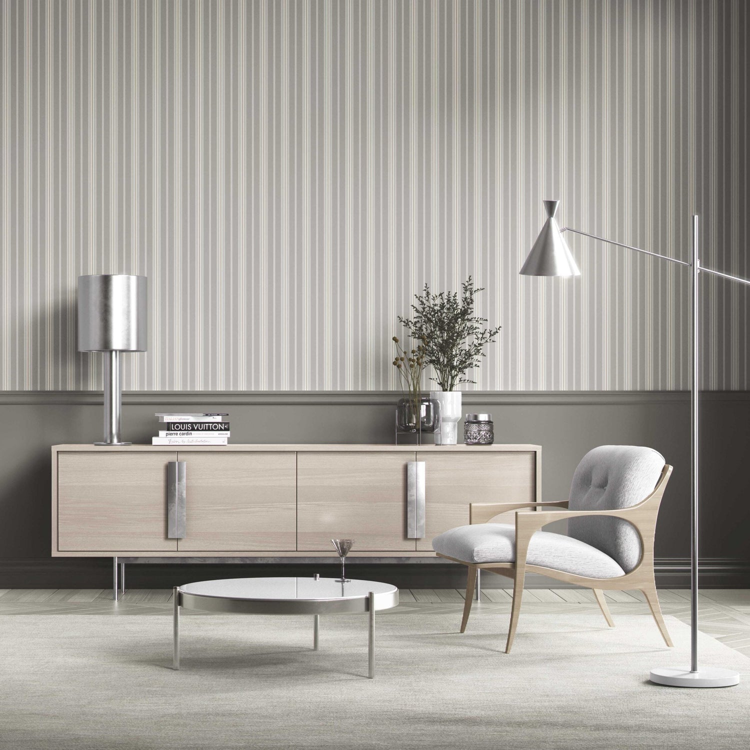 Neutral Geometric Striped Kitchen Wallpaper (Grey)