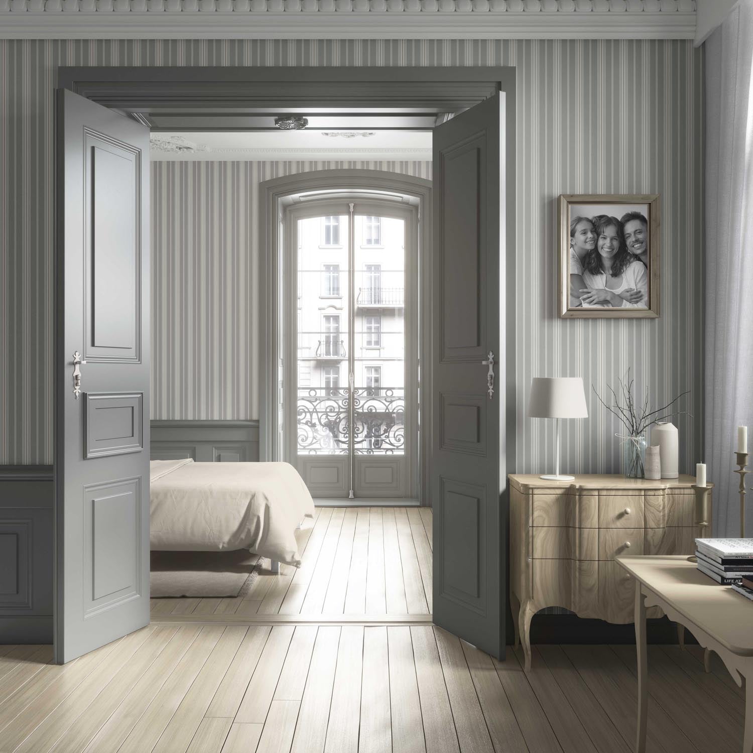 Neutral Geometric Striped Bathroom Wallpaper (Grey)