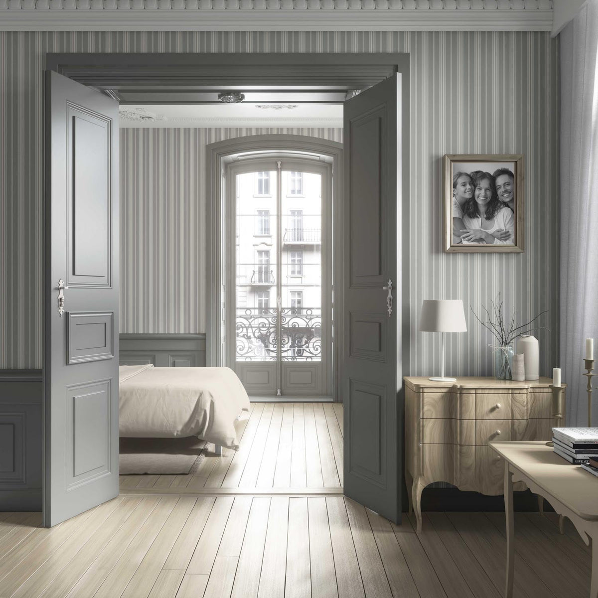 Neutral Geometric Striped Bathroom Wallpaper (Grey)