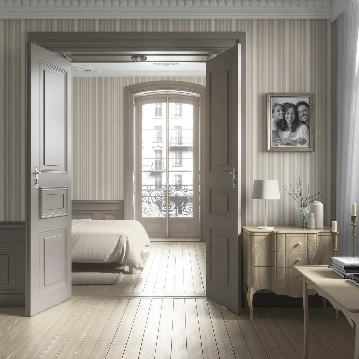 Neutral Geometric Striped Bathroom Wallpaper (Beige/ Brown/ Warm Grey)