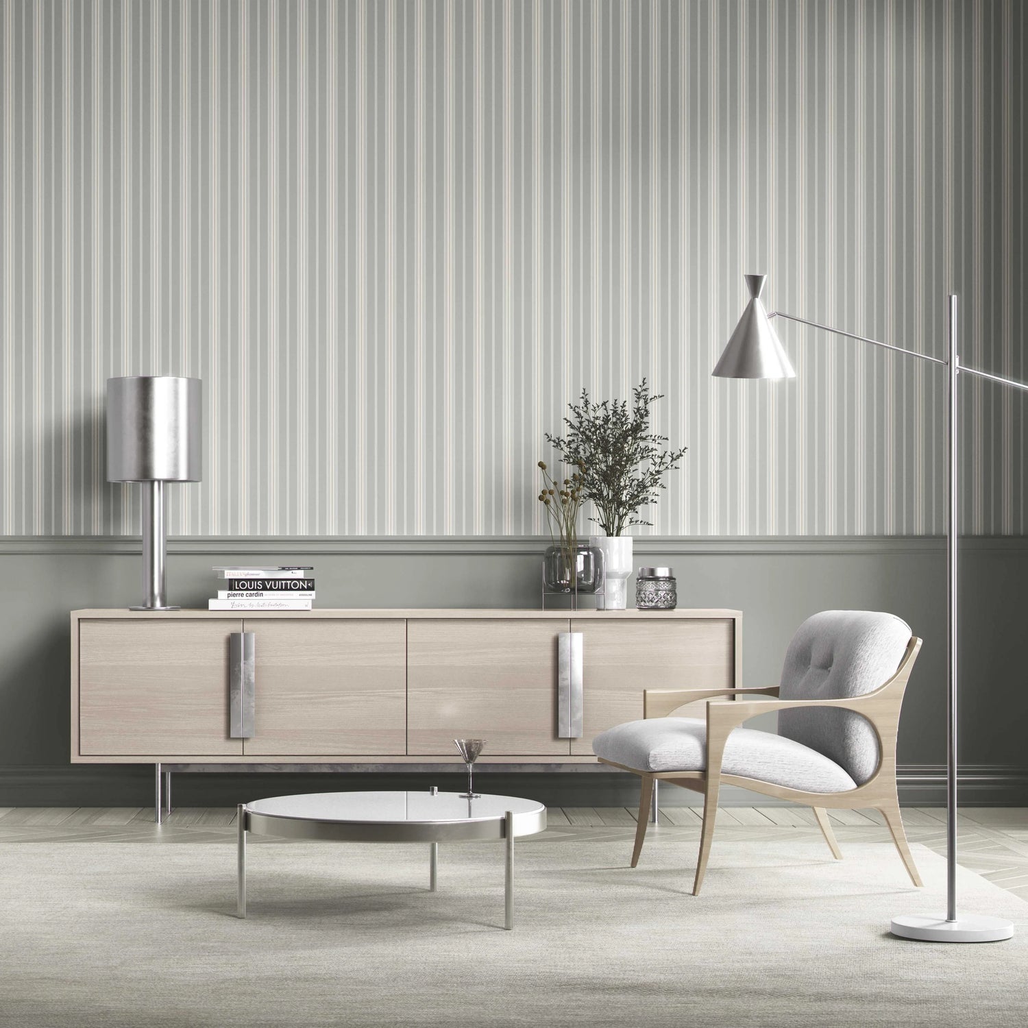 Neutral Geometric Striped Kitchen Wallpaper (Grey)