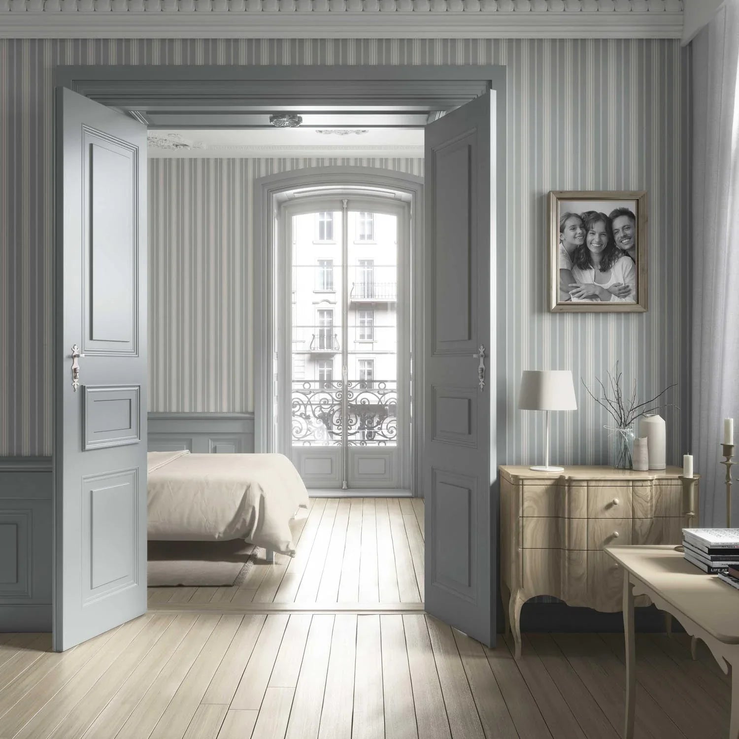 Neutral Geometric Striped Bathroom Wallpaper (Grey)