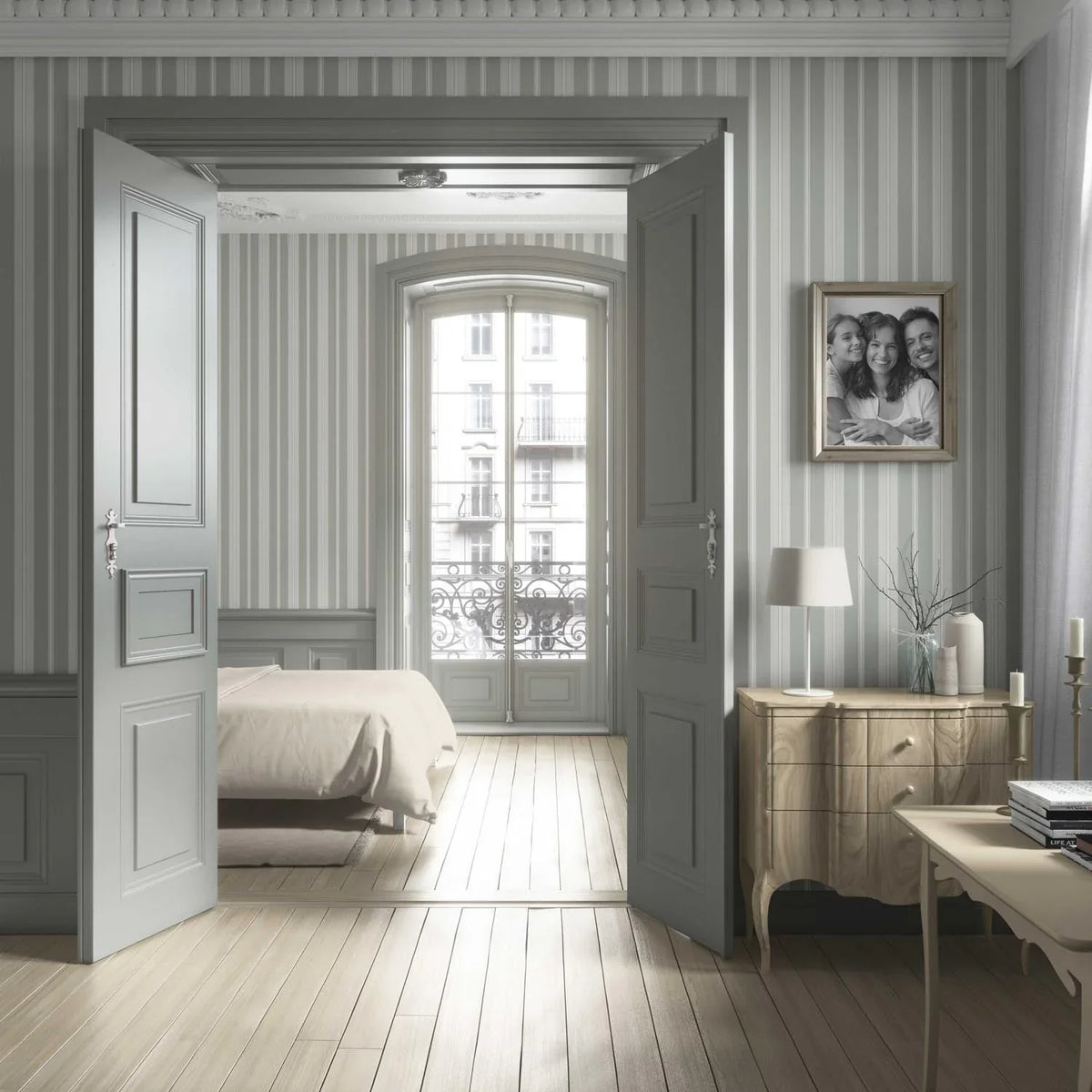 Neutral Geometric Striped Bathroom Wallpaper (Sage Grey)