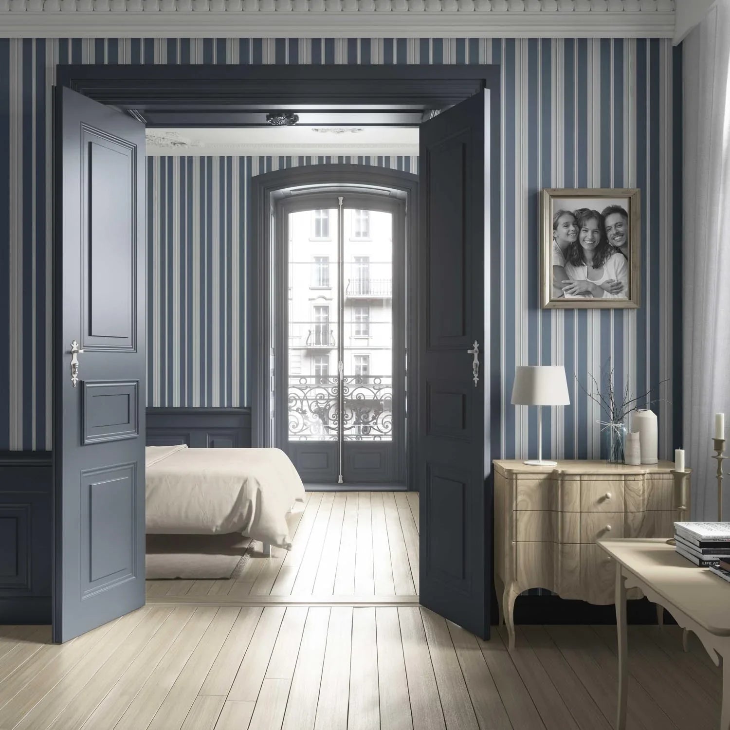 Geometric Striped Kitchen Wallpaper (Slate Grey/ Blue)