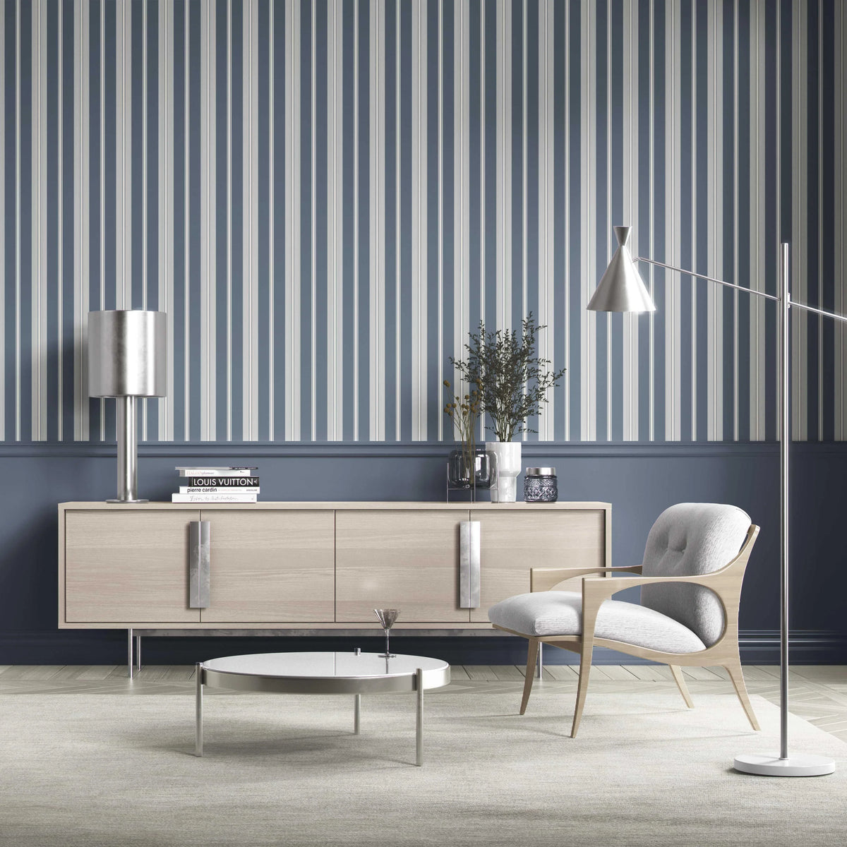 Geometric Striped Bathroom Wallpaper (Slate Grey/ Blue)