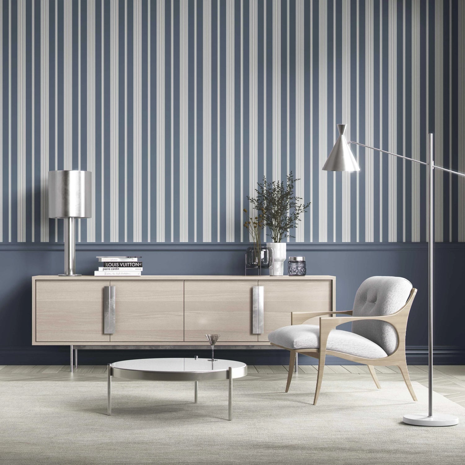 Geometric Striped Bathroom Wallpaper (Slate Grey/ Blue)