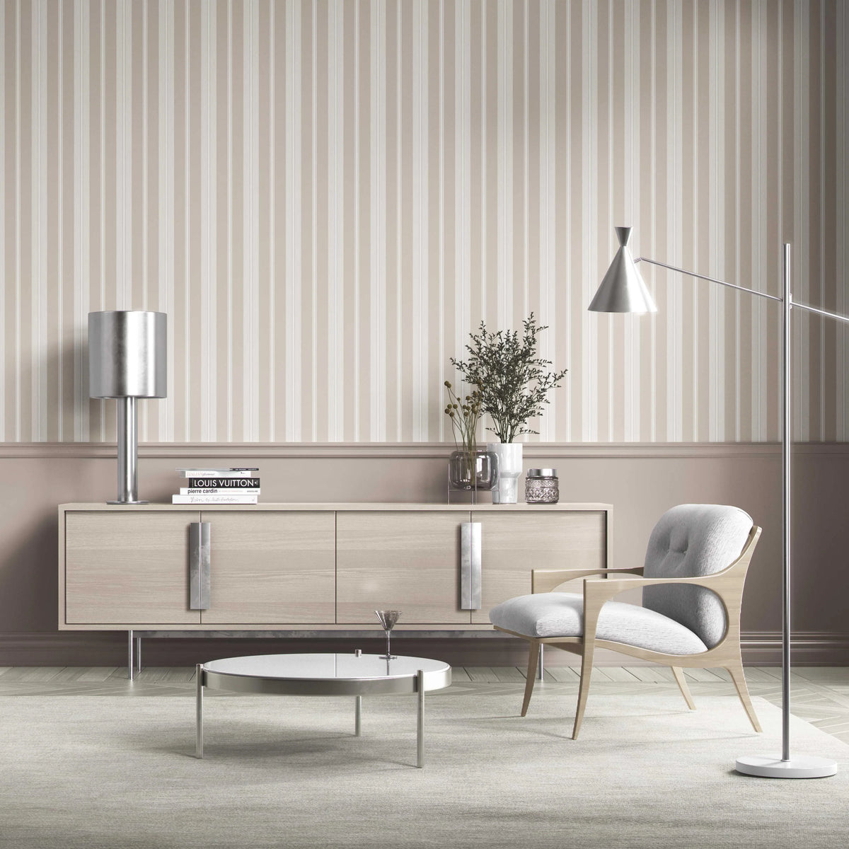 Neutral Geometric Striped Kitchen Wallpaper (Soft Taupe/ Beige/ Grey)