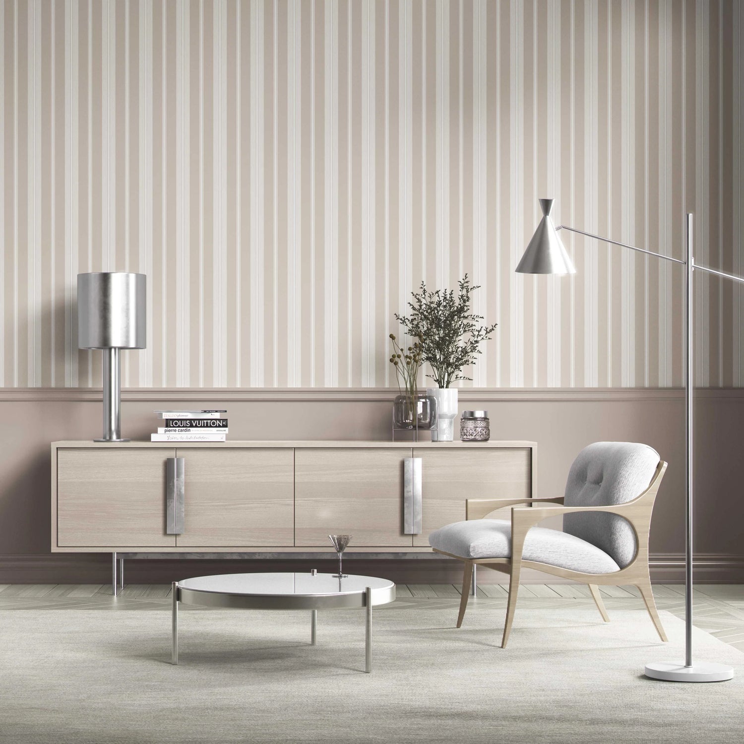 Neutral Geometric Striped Kitchen Wallpaper (Soft Taupe/ Beige/ Grey)