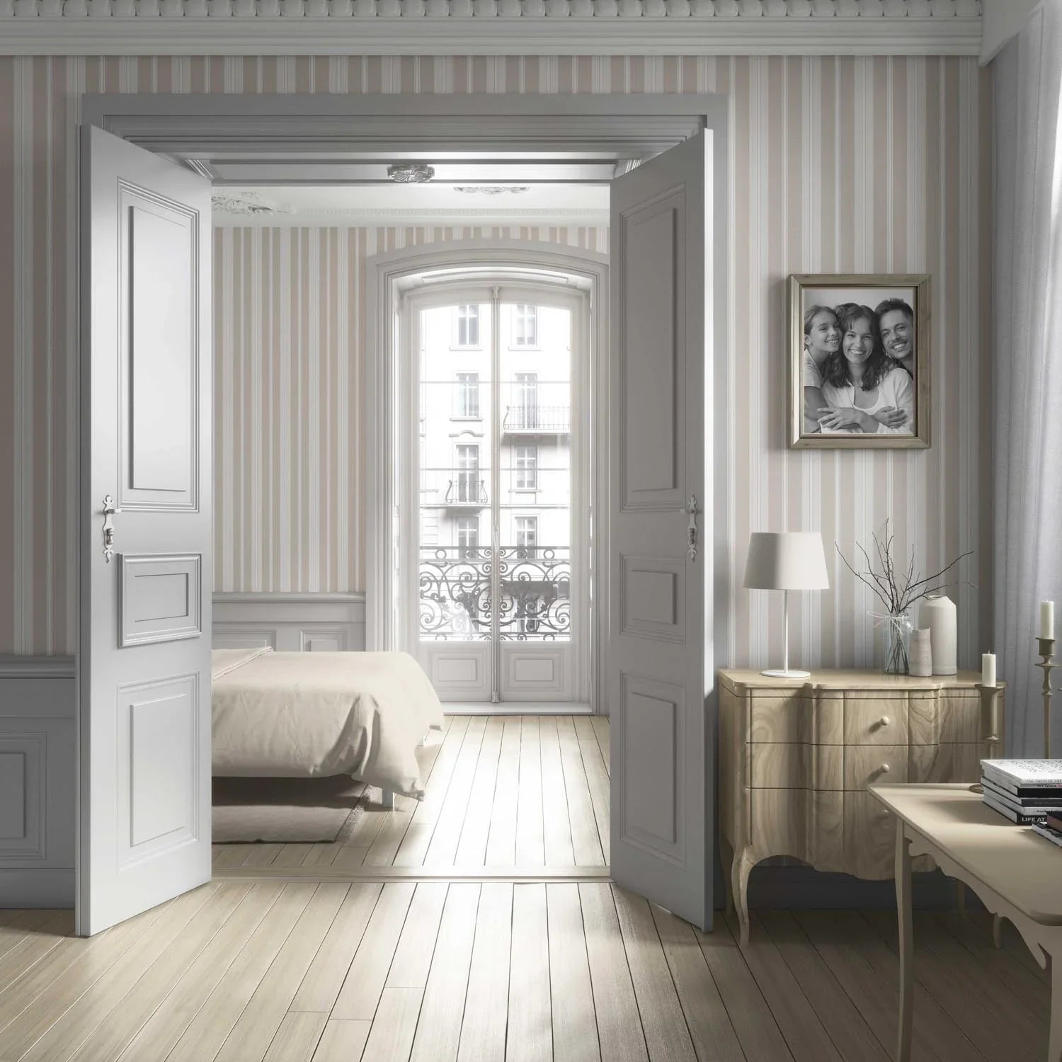 Neutral Geometric Striped Bathroom Wallpaper (Soft Taupe/ Beige/ Grey)