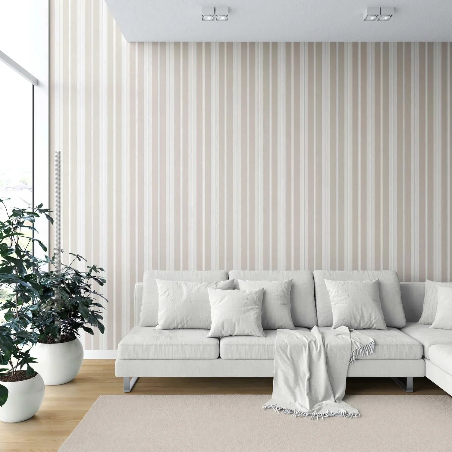 Neutral Geometric Striped Shower Toilet Wallpaper (Soft Taupe/ Beige/ Grey)