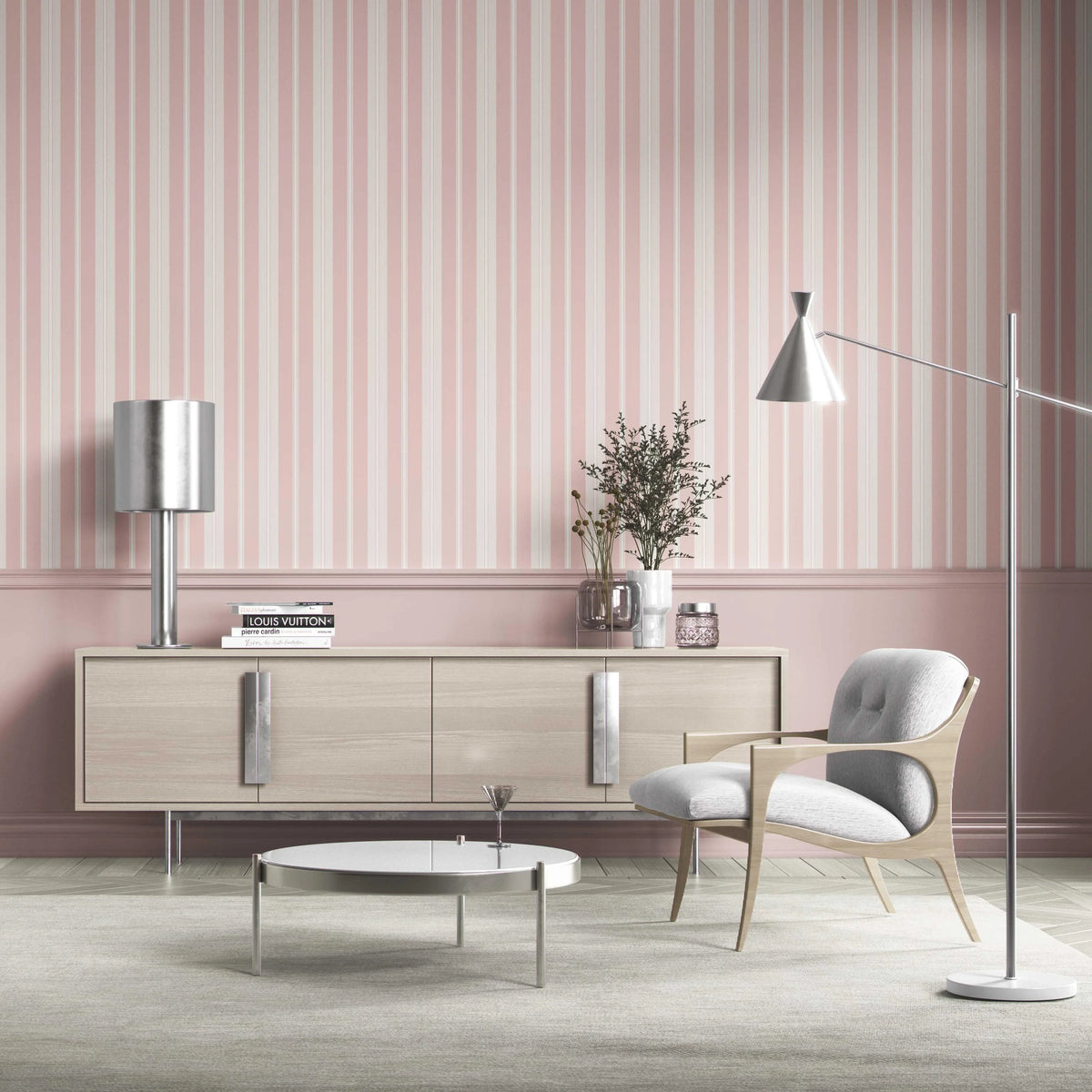Geometric Striped Shower Toilet Wallpaper (Blush Pink)