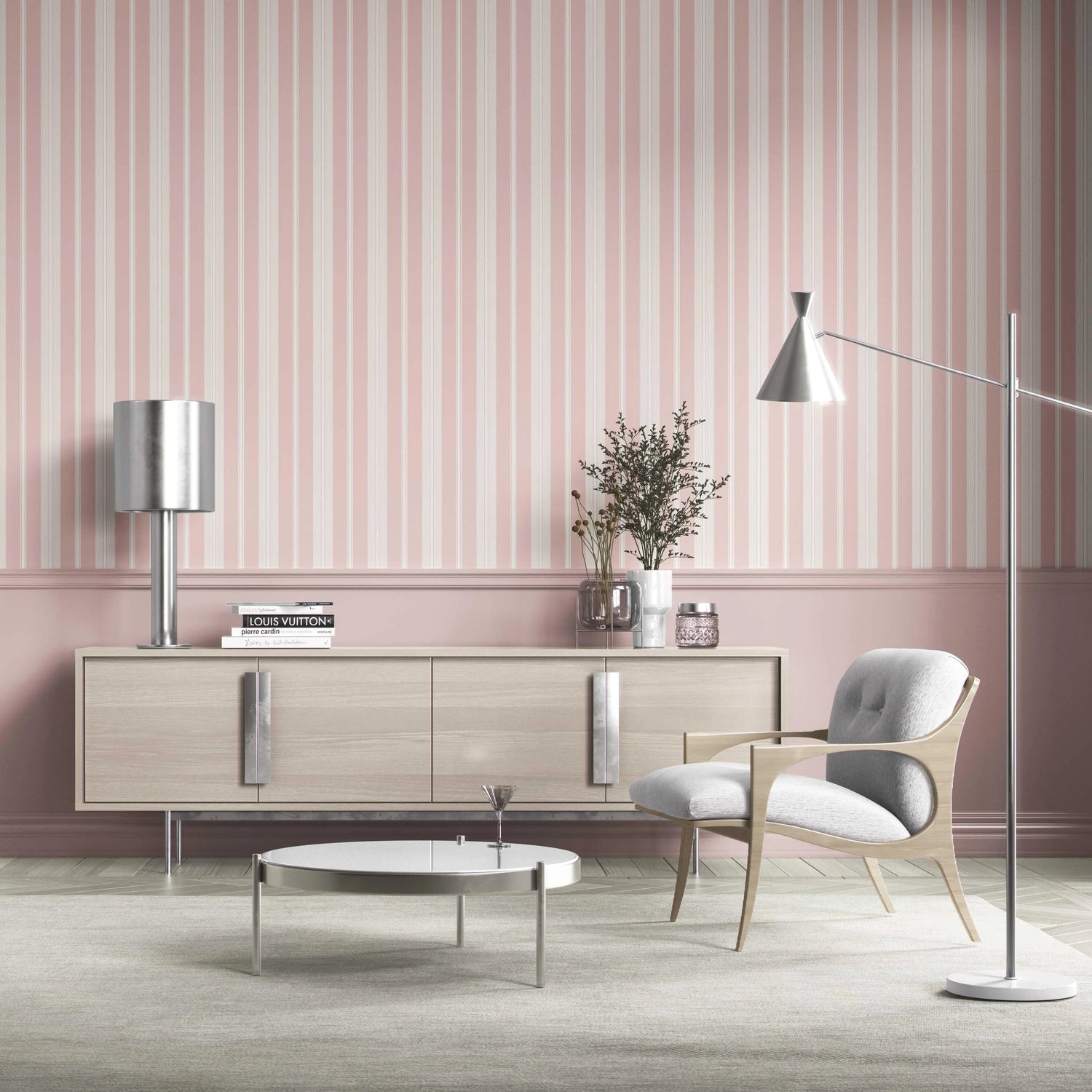 Geometric Striped Shower Toilet Wallpaper (Blush Pink)