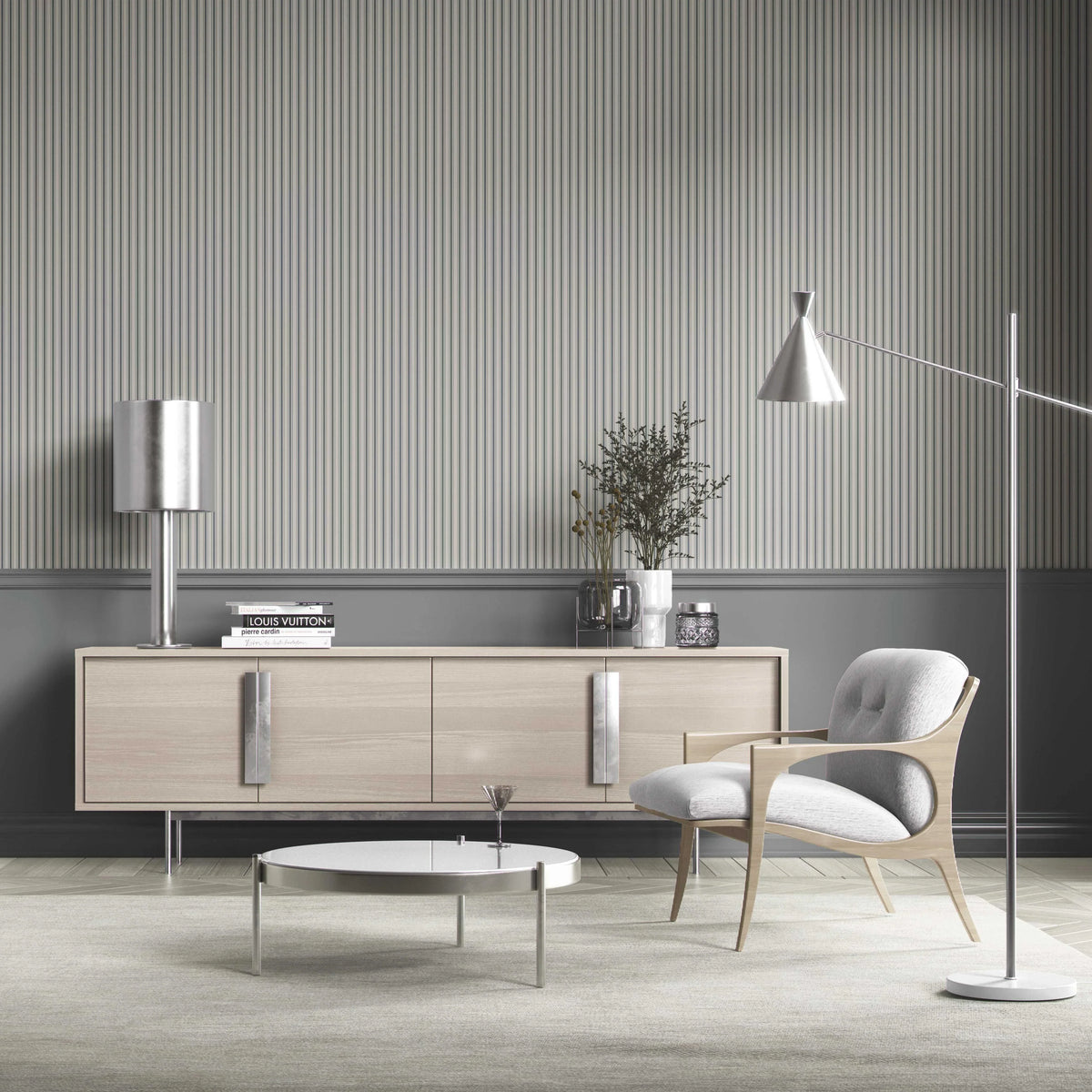 Neutral Geometric Striped Bathroom Wallpaper (Slate Grey)
