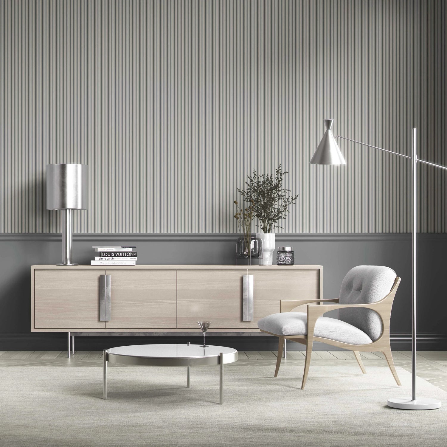 Neutral Geometric Striped Bathroom Wallpaper (Slate Grey)