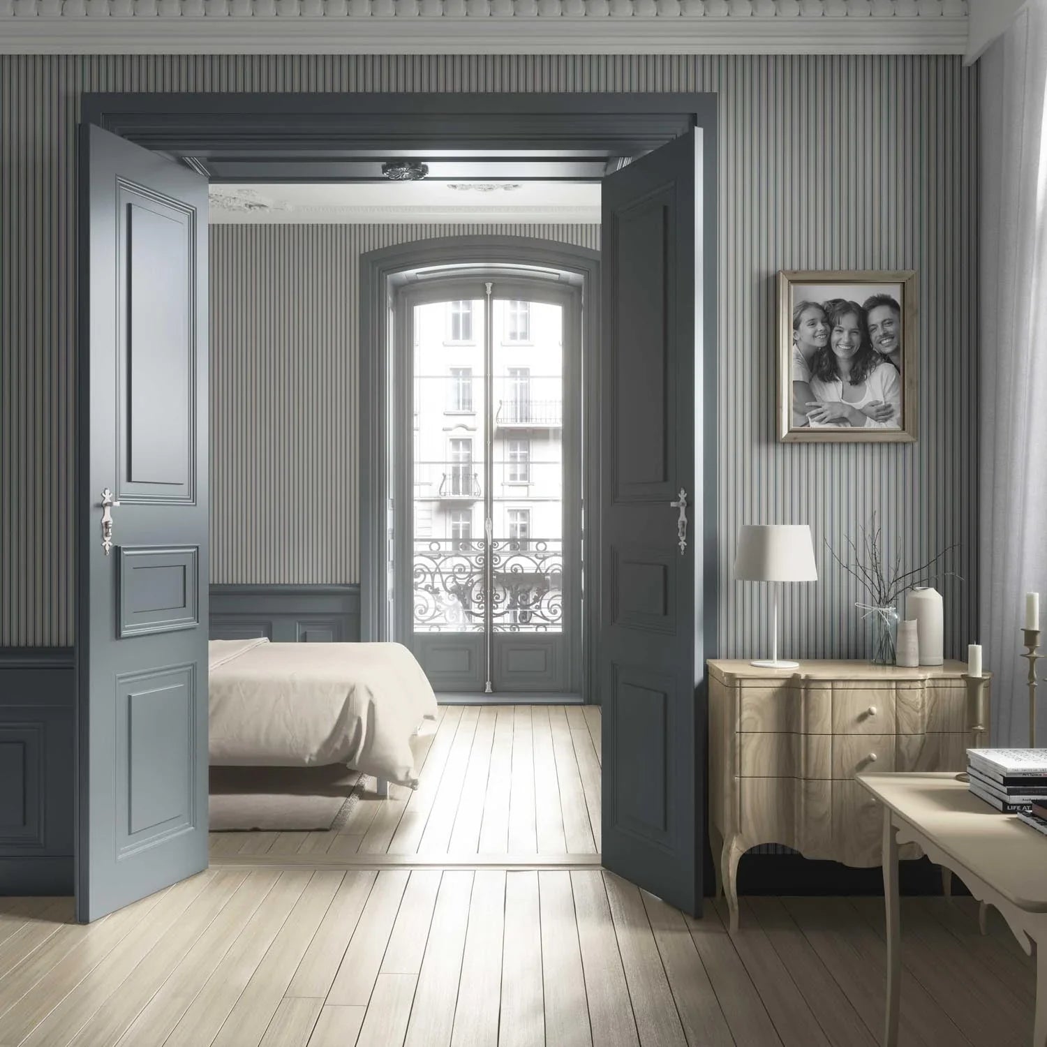 Neutral Geometric Striped Living Room Wallpaper (Slate Grey)