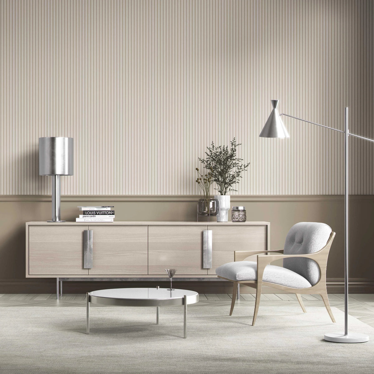 Neutral Geometric Striped Bathroom Wallpaper (Beige/ Brown/ Warm Grey)