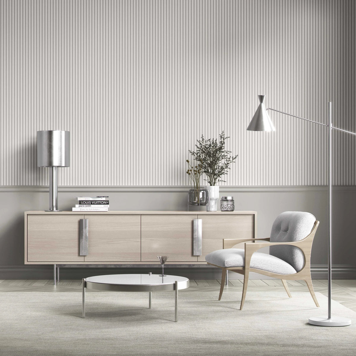 Neutral Geometric Striped Bathroom Wallpaper (Light Grey)