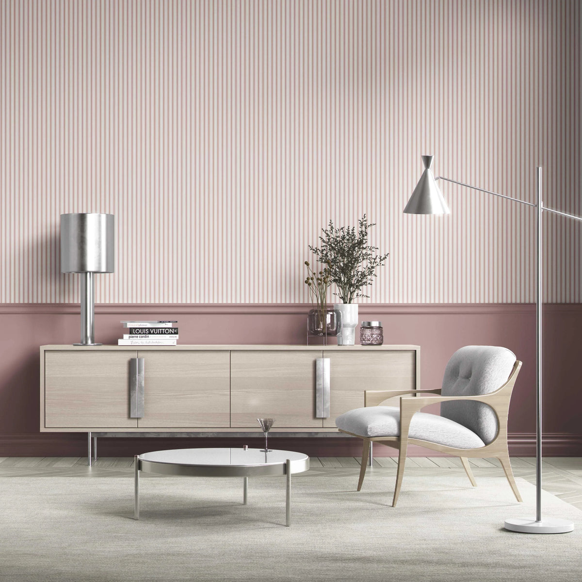 Geometric Striped Bathroom Wallpaper (Pastel Pink)