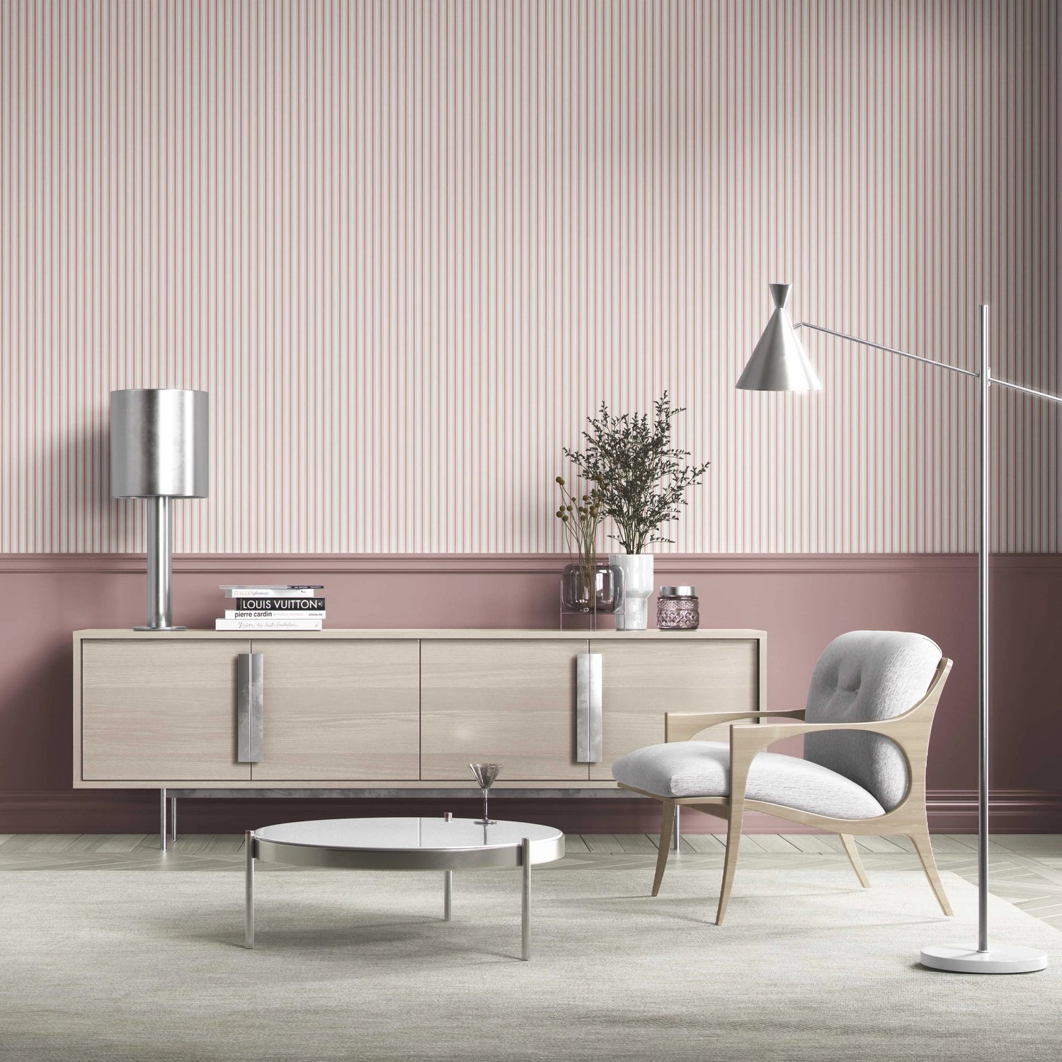 Geometric Striped Bathroom Wallpaper (Pastel Pink)