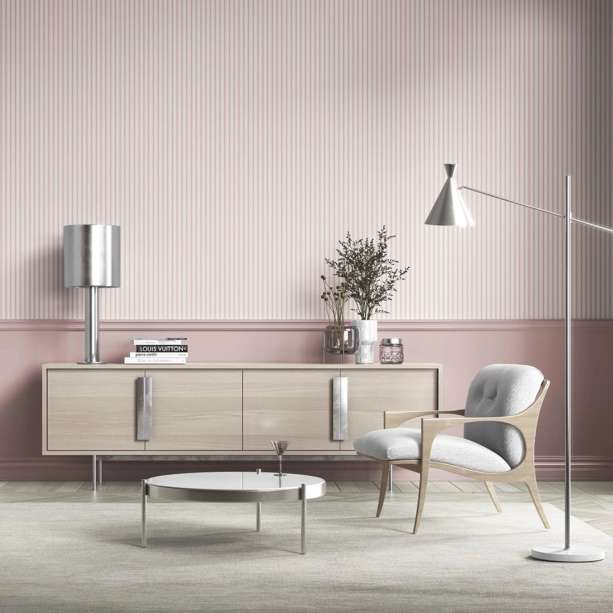 Geometric Striped Bathroom Wallpaper (Blush Pink)