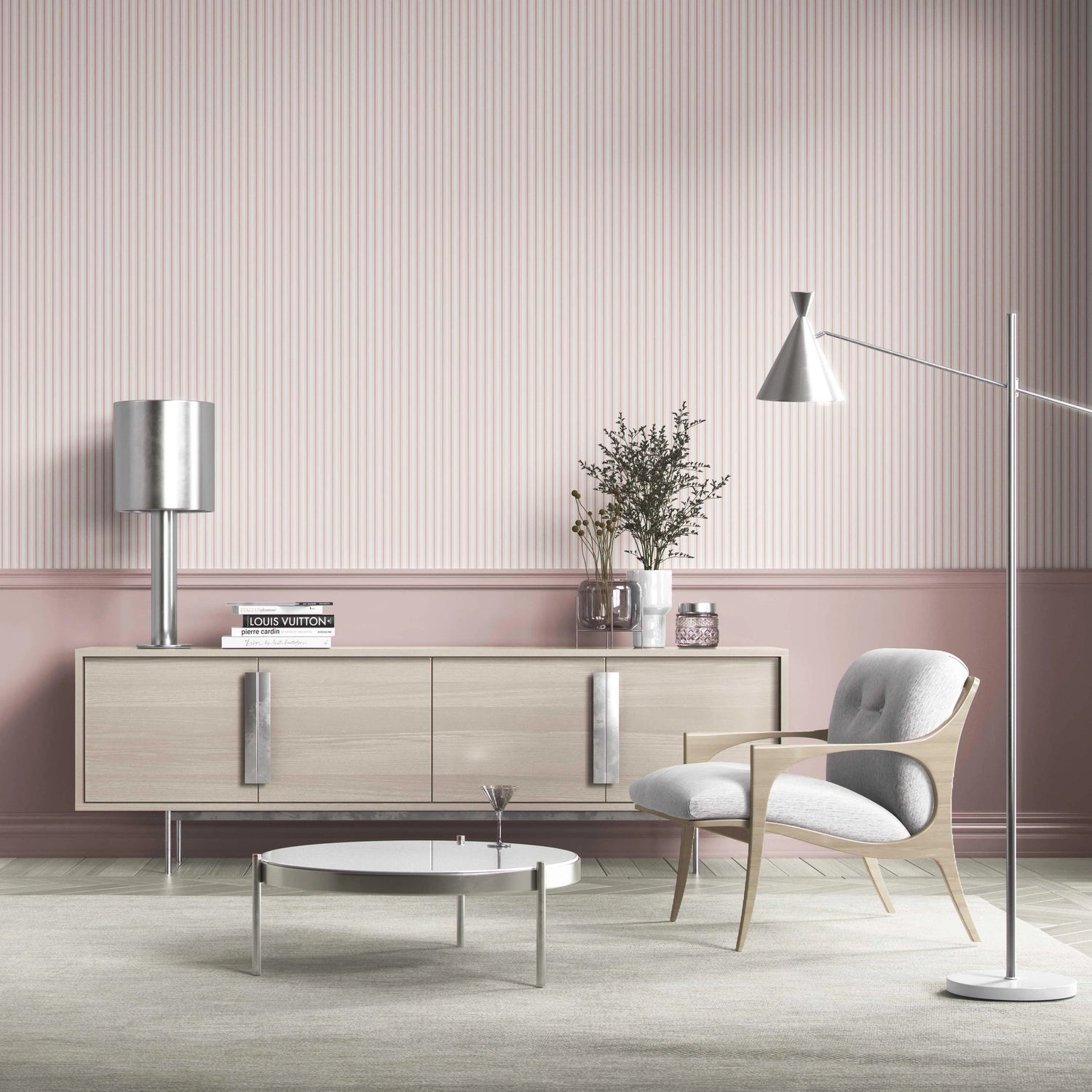 Geometric Striped Bathroom Wallpaper (Blush Pink)