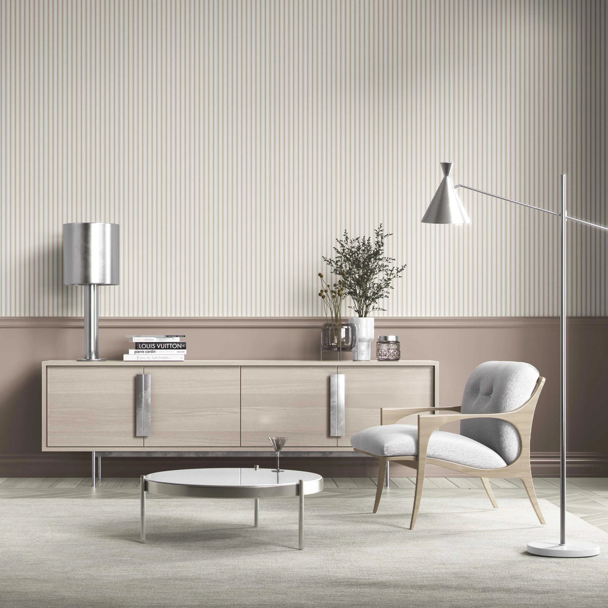 Neutral Geometric Striped Bathroom Wallpaper (Beige/ Cool Taupe)