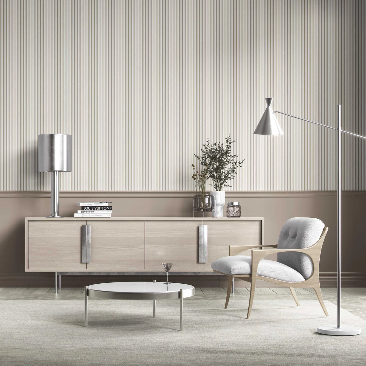 Neutral Geometric Striped Bathroom Wallpaper (Greige/ Beige/ Warm Grey)