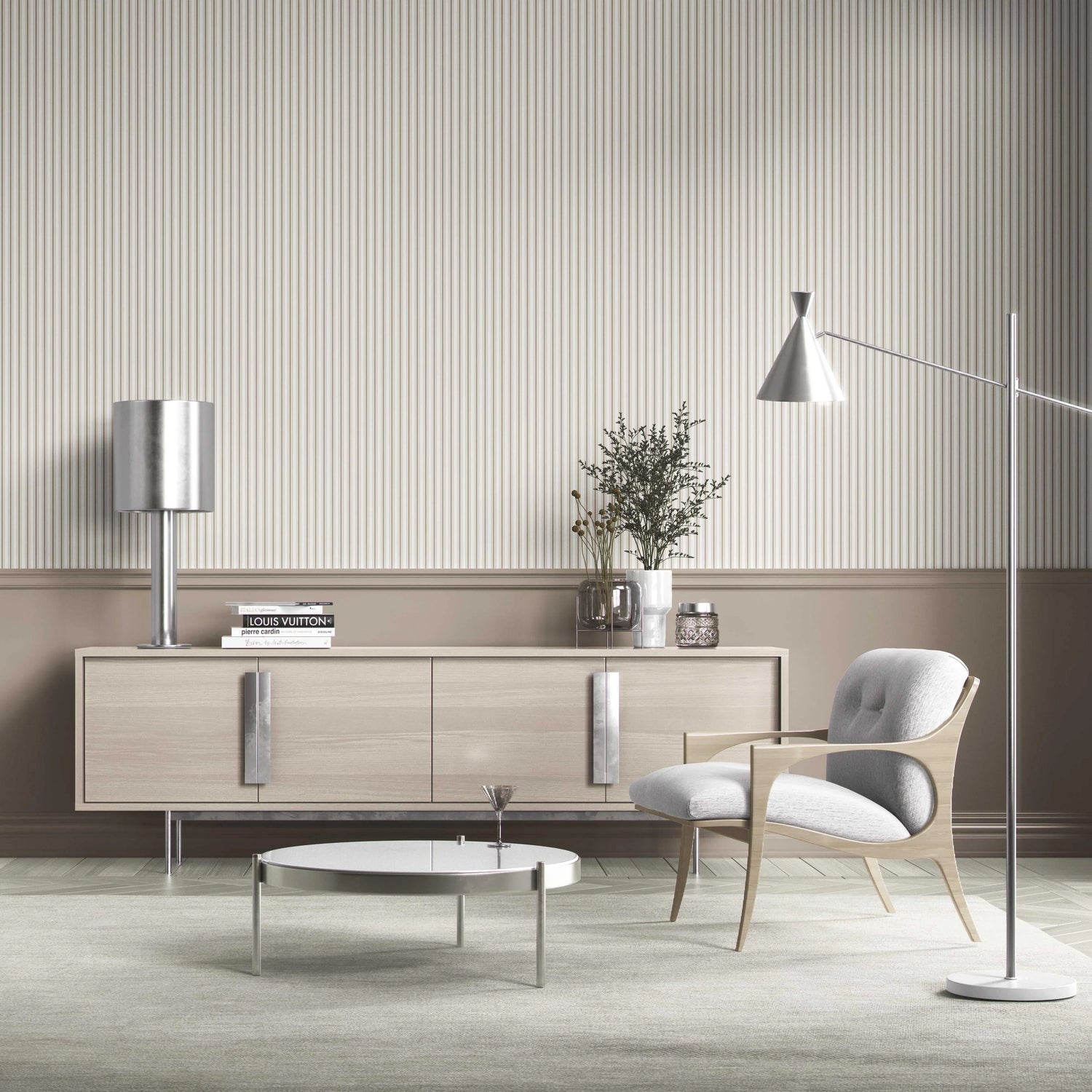 Neutral Geometric Striped Bathroom Wallpaper (Greige/ Beige/ Warm Grey)