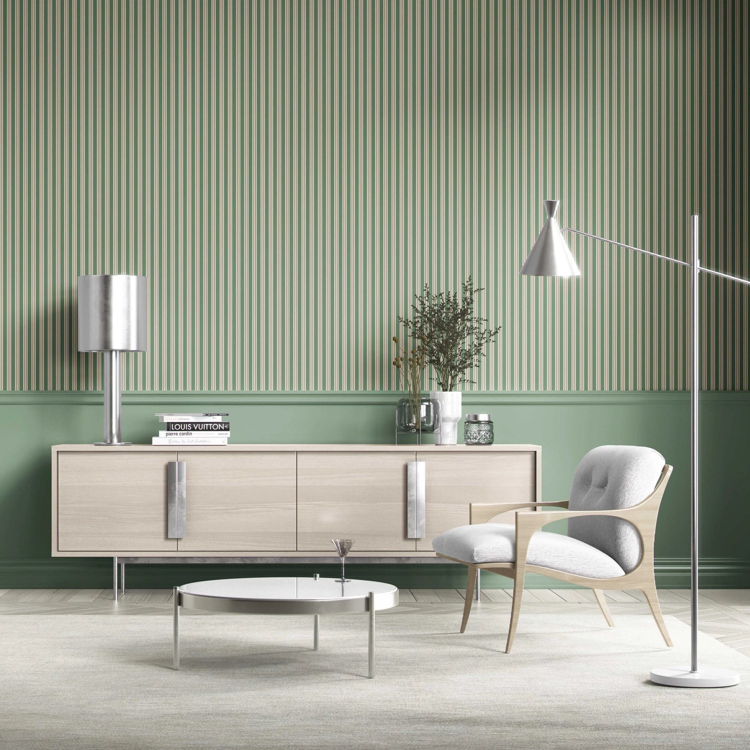 Geometric Striped Bathroom Wallpaper (Leaf Green)
