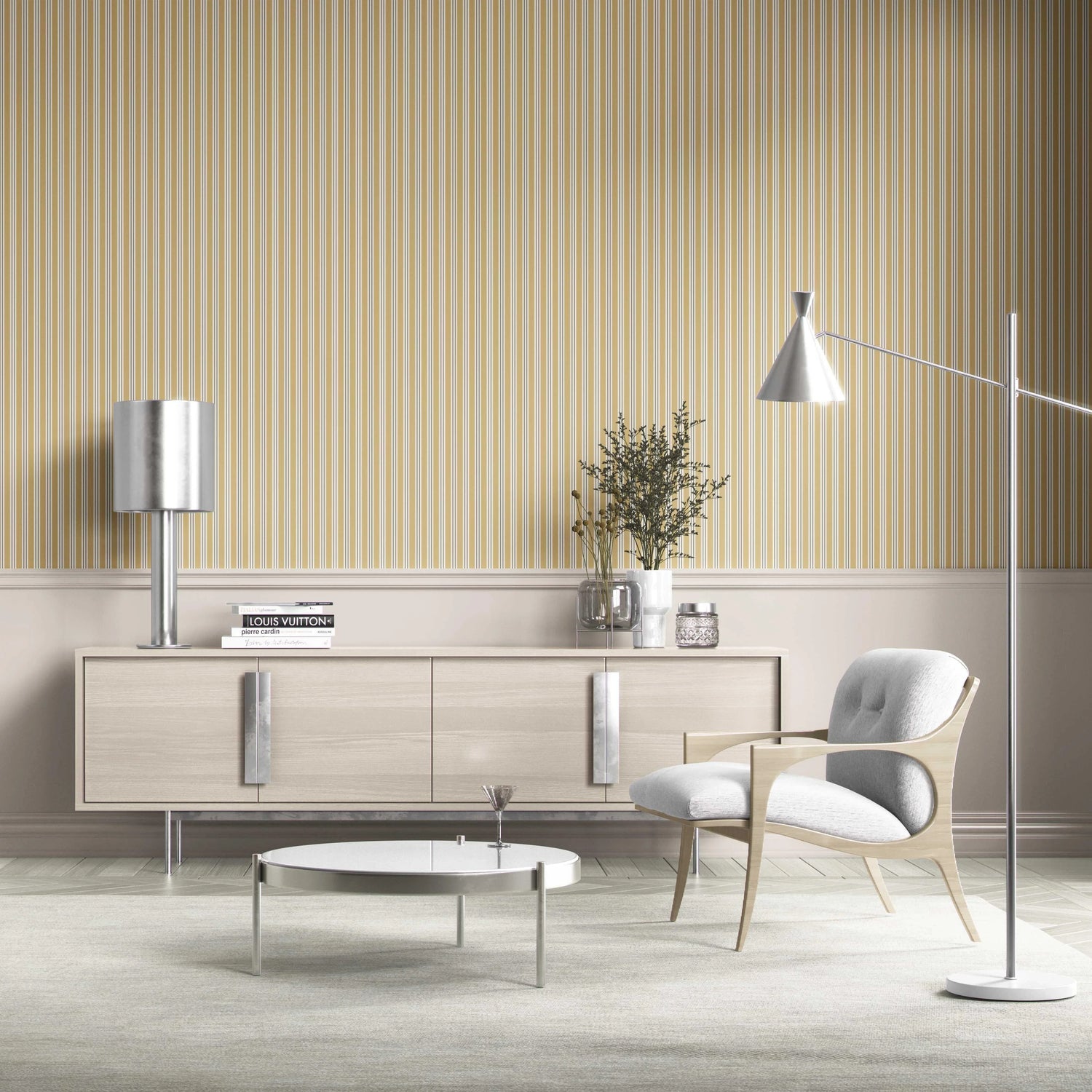 Geometric Striped Bathroom Wallpaper (Ochre Yellow)