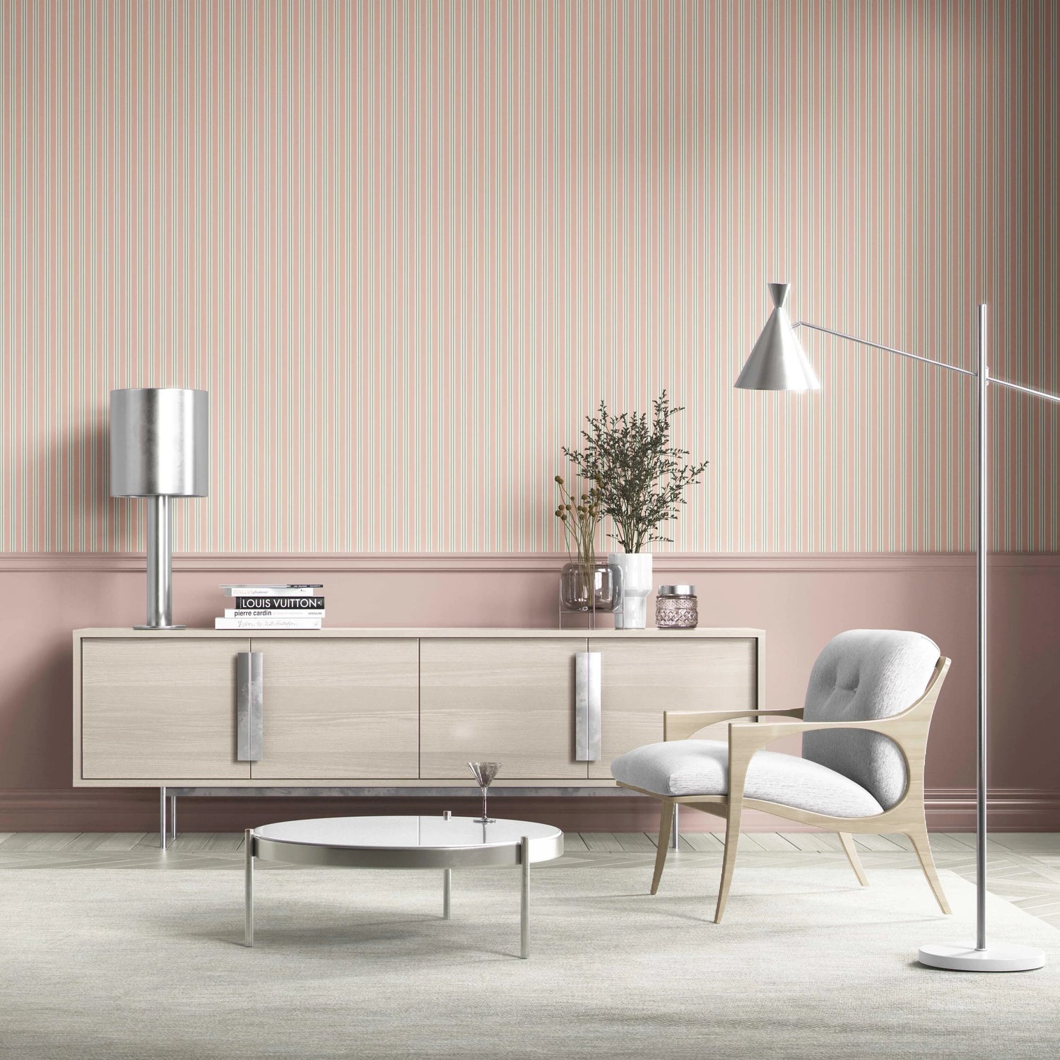 Geometric Striped Bathroom Wallpaper (Soft Pastel Pink)