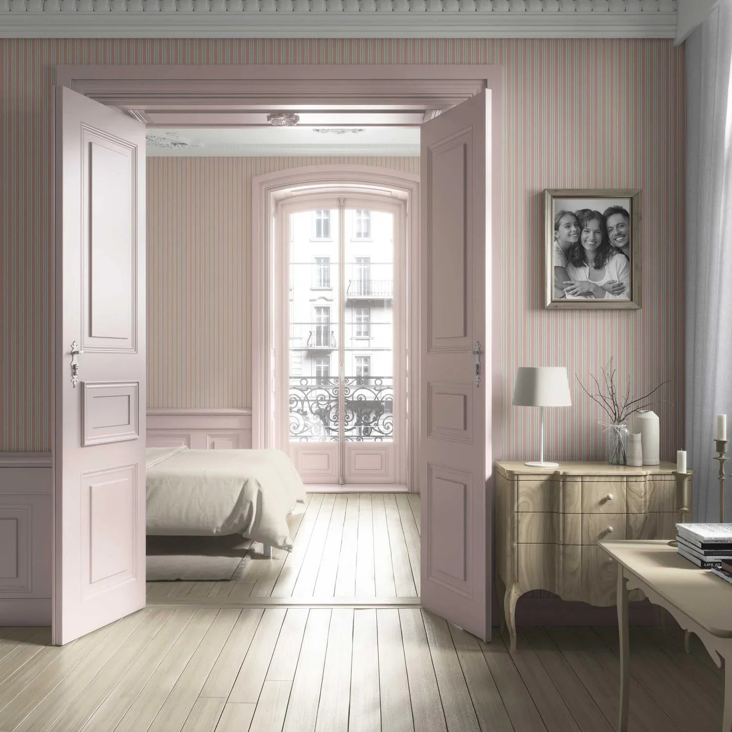 Geometric Striped Living Room Wallpaper (Soft Pastel Pink)