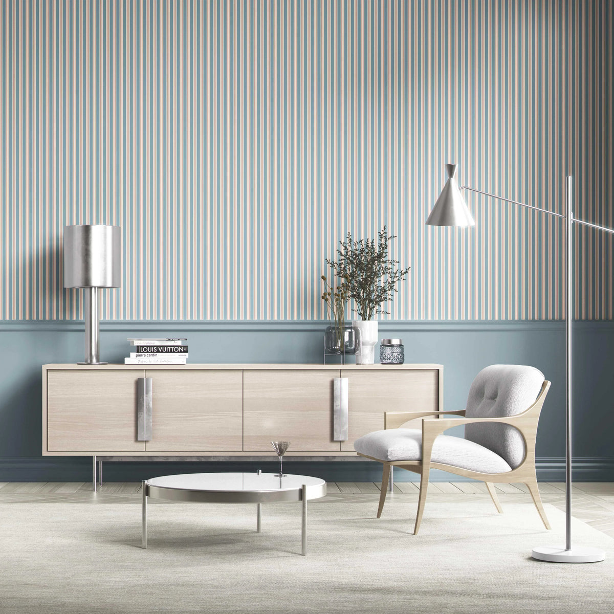Geometric Striped Bathroom Wallpaper (Blue)
