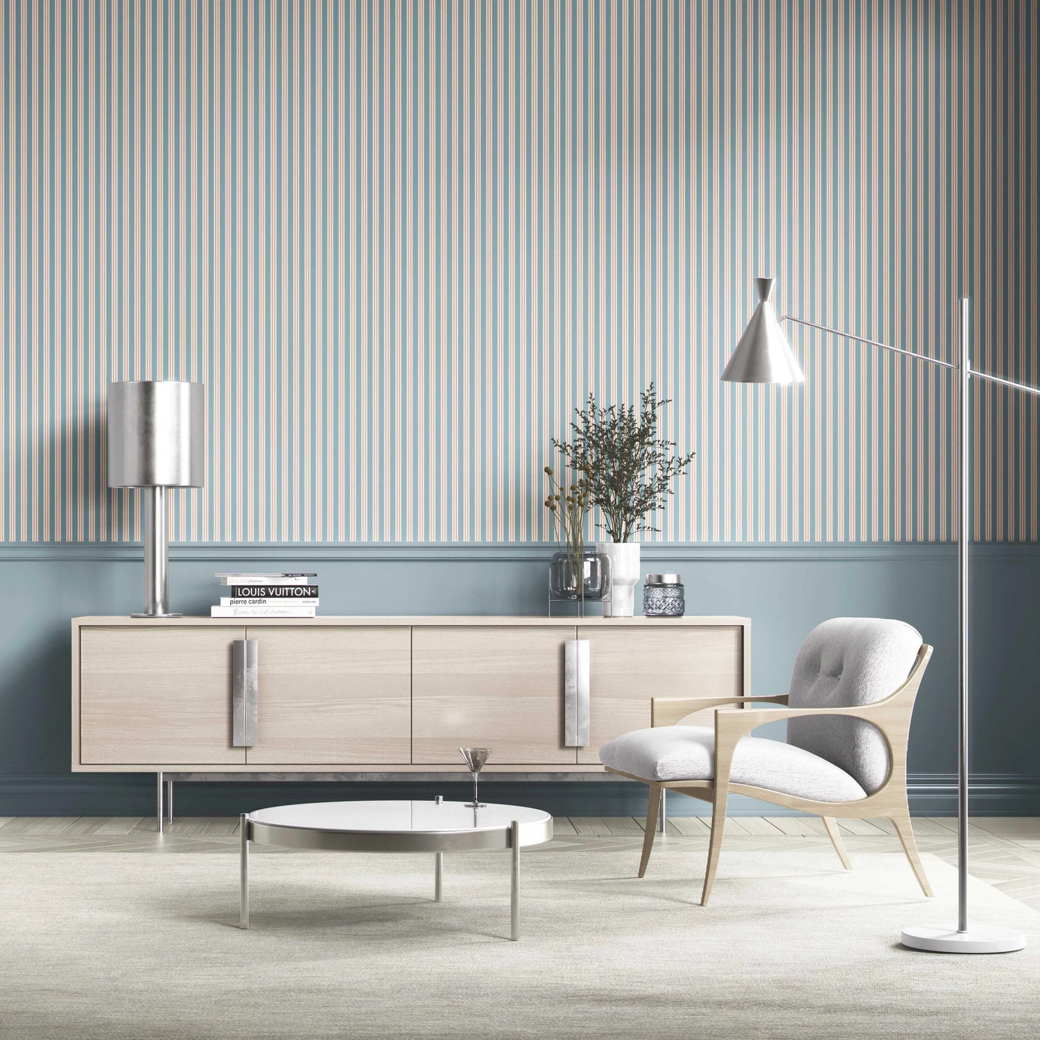 Geometric Striped Bathroom Wallpaper (Blue)