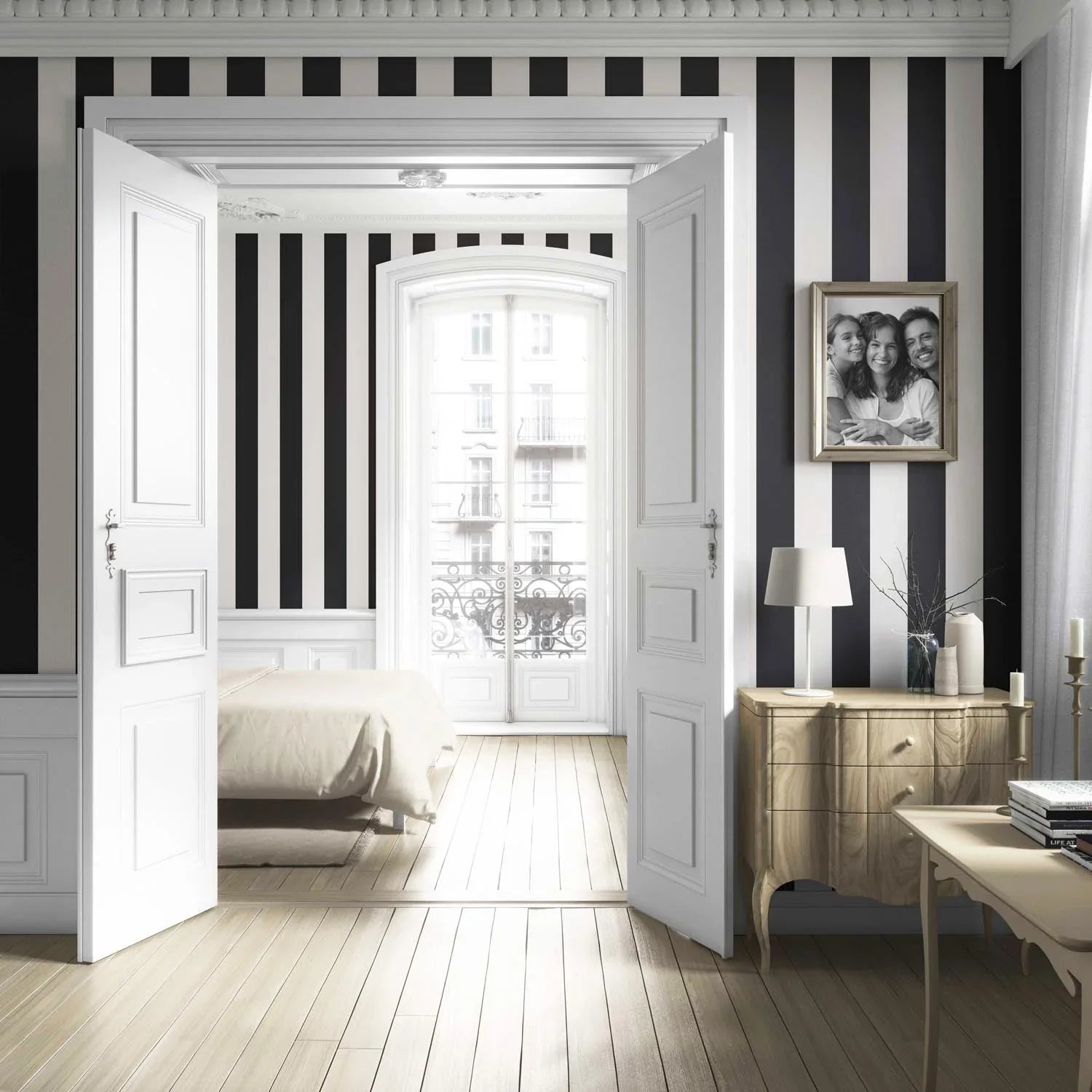 Neutral Geometric Striped Living Room Wallpaper (Black/ White)