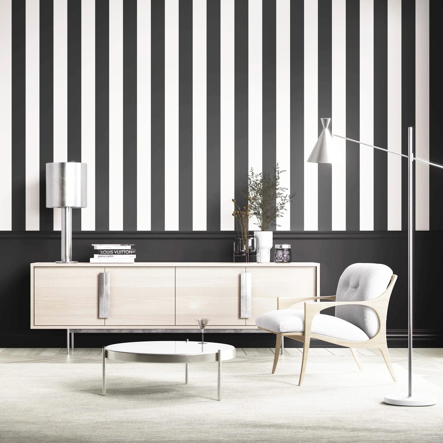 Neutral Geometric Striped Shower Toilet Wallpaper (Black/ White)
