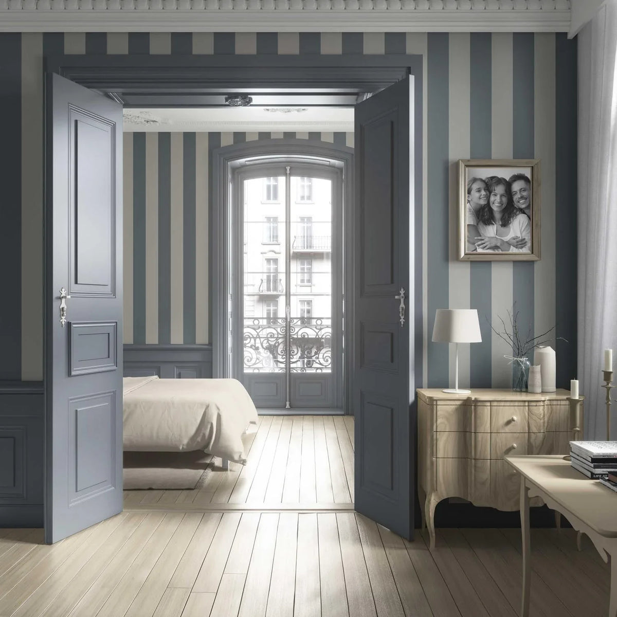 Neutral Geometric Striped Living Room Wallpaper (Slate Blue/ Grey)