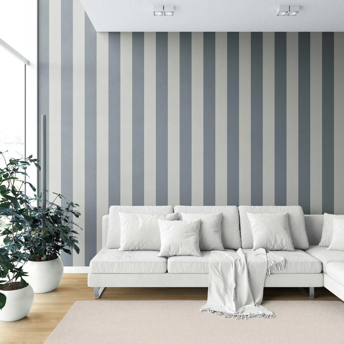 Neutral Geometric Striped Shower Toilet Wallpaper (Slate Blue/ Grey)