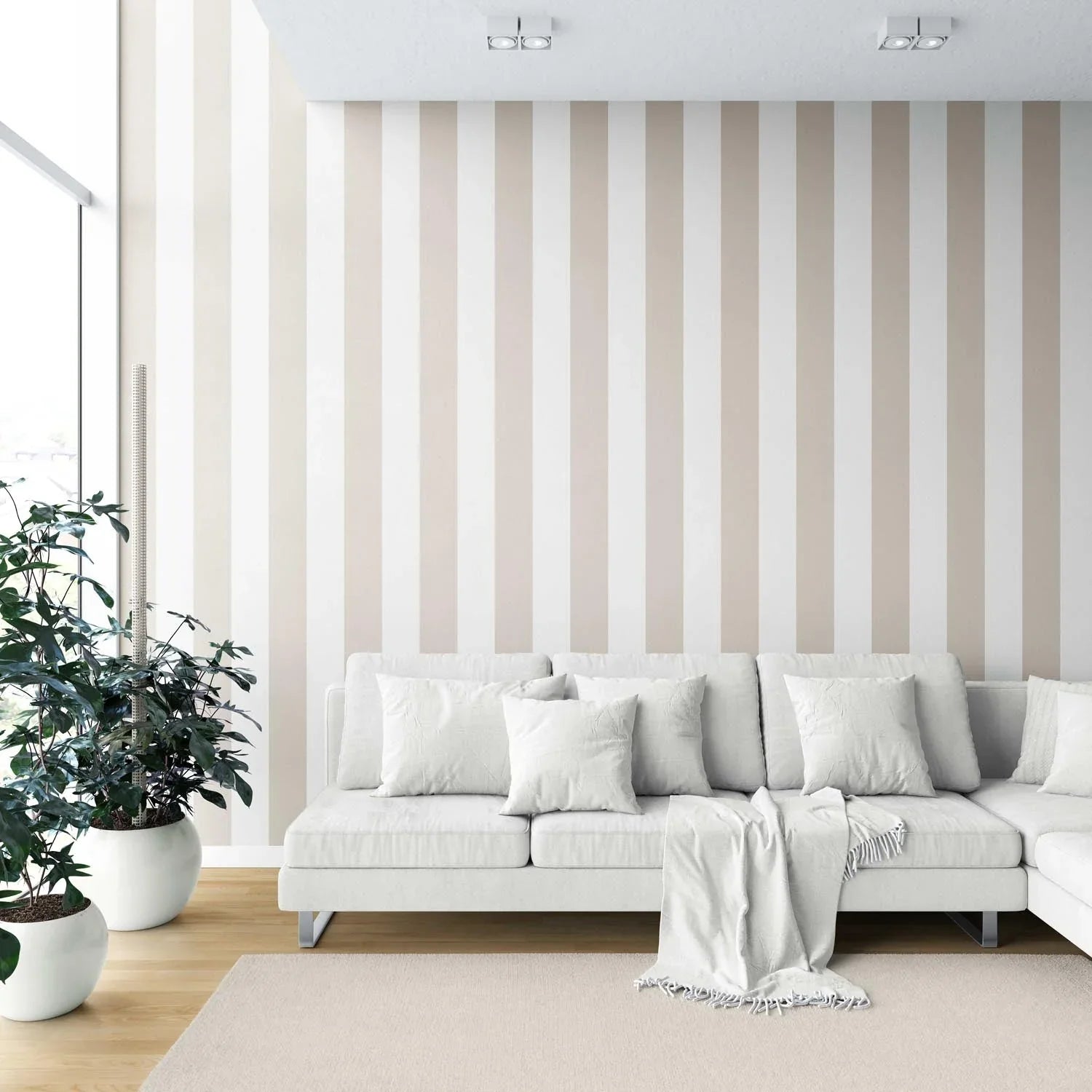 Neutral Geometric Striped Kitchen Wallpaper (Beige/ Greige/ White)