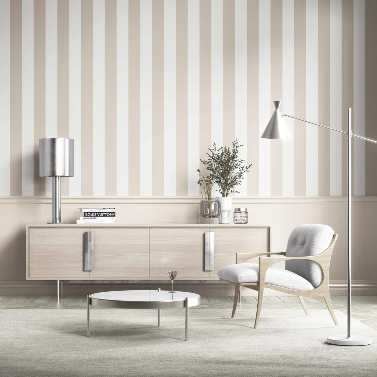 Neutral Geometric Striped Shower Toilet Wallpaper (Beige/ Greige/ White)
