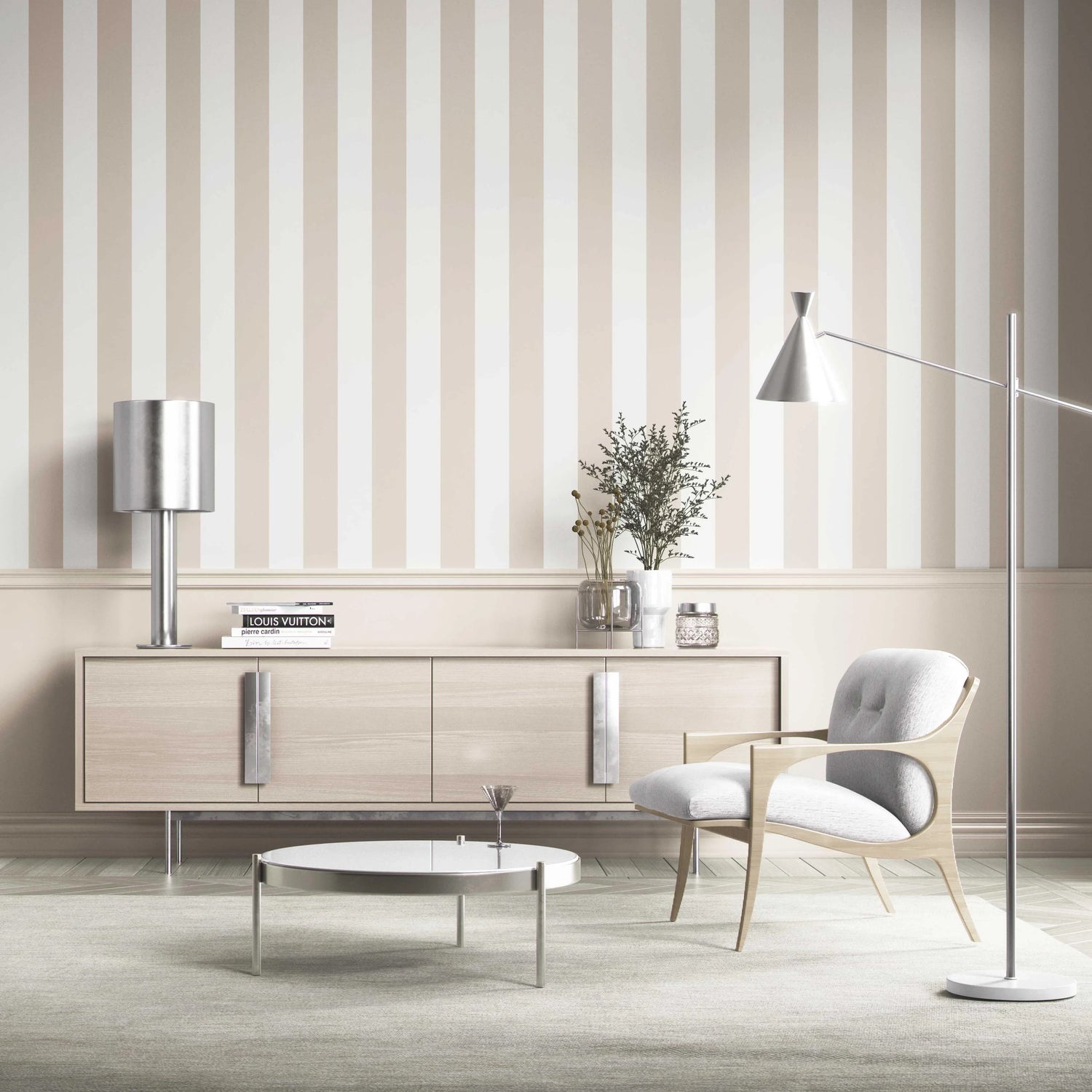 Neutral Geometric Striped Shower Toilet Wallpaper (Beige/ Greige/ White)