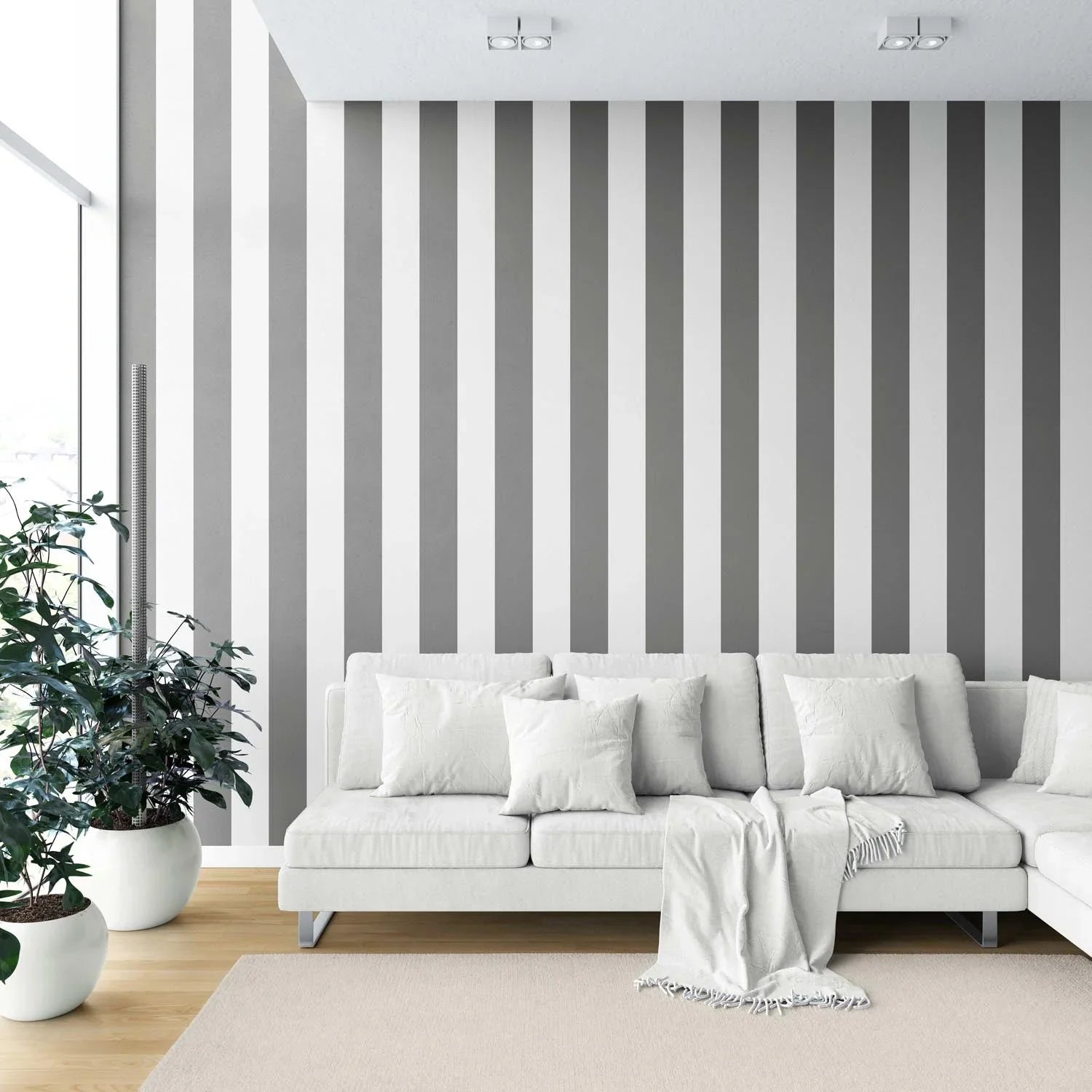 Neutral Geometric Striped Kitchen Wallpaper (Dark Grey/ White)