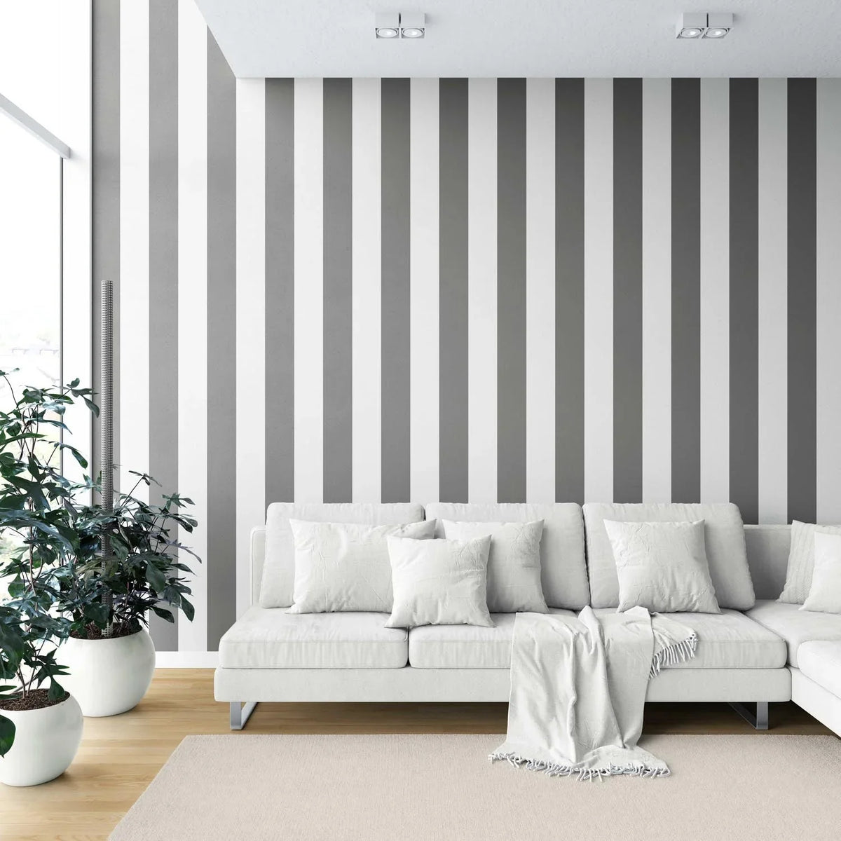 Neutral Geometric Striped Kitchen Wallpaper (Dark Grey/ White)