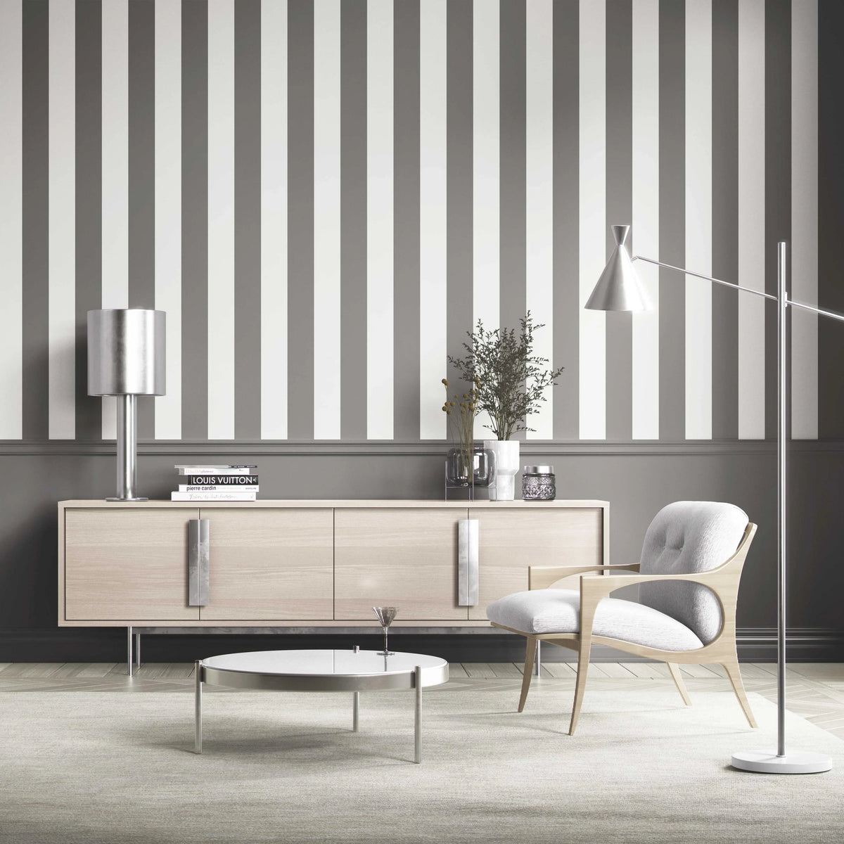 Neutral Geometric Striped Shower Toilet Wallpaper (Dark Grey/ White)