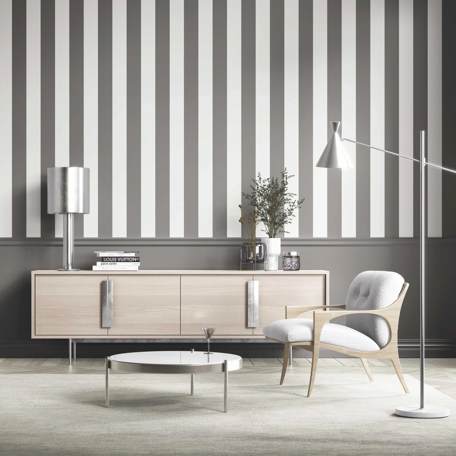 Neutral Geometric Striped Shower Toilet Wallpaper (Dark Grey/ White)
