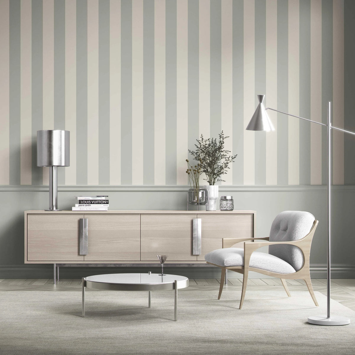 Neutral Geometric Striped Kitchen Wallpaper (Sage Grey/ Cream)
