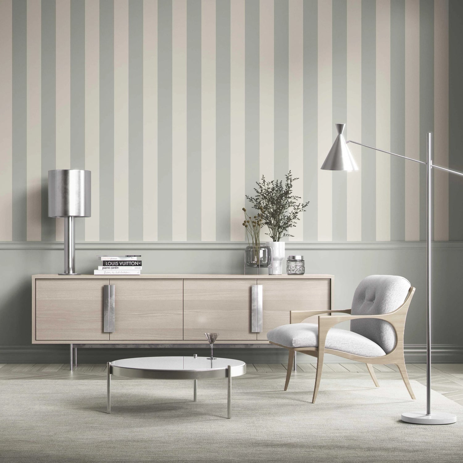 Neutral Geometric Striped Kitchen Wallpaper (Sage Grey/ Cream)
