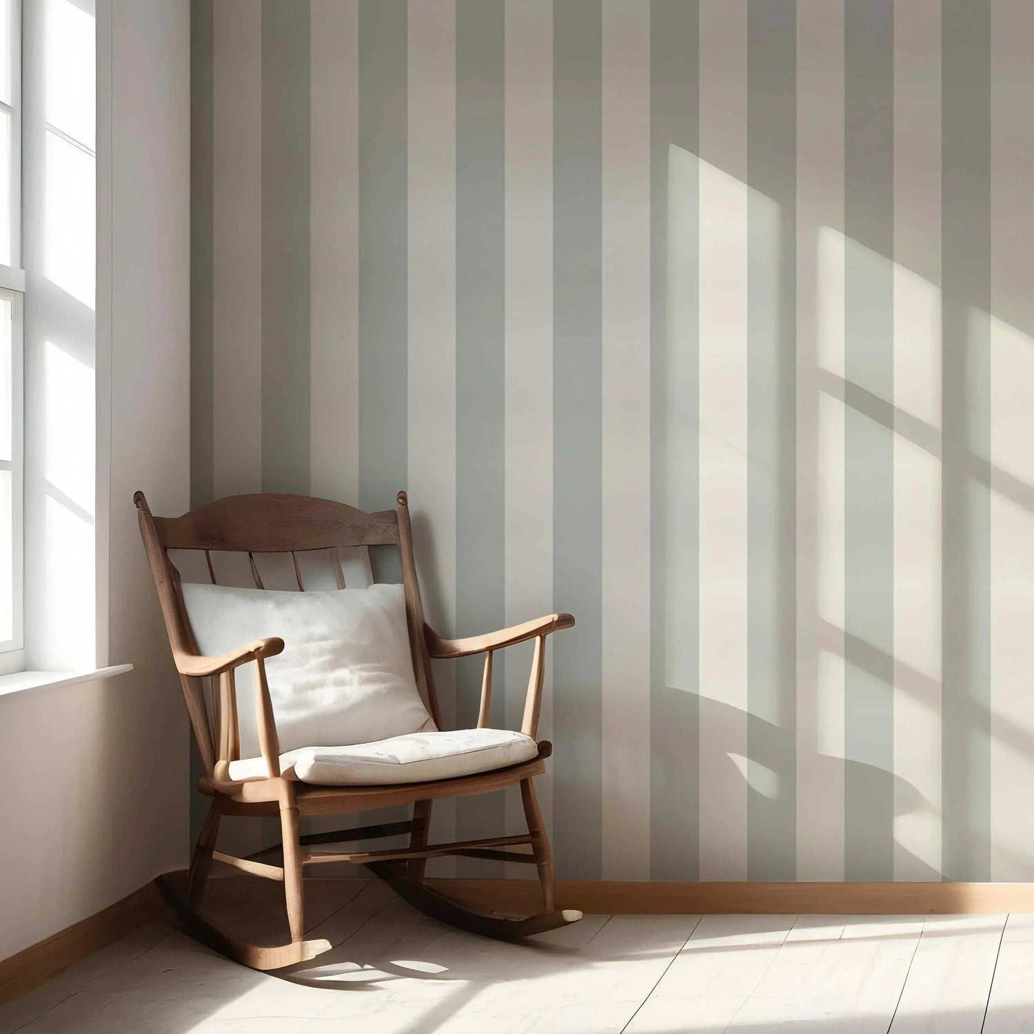Neutral Geometric Striped Nursery Wallpaper (Sage Grey/ Cream)