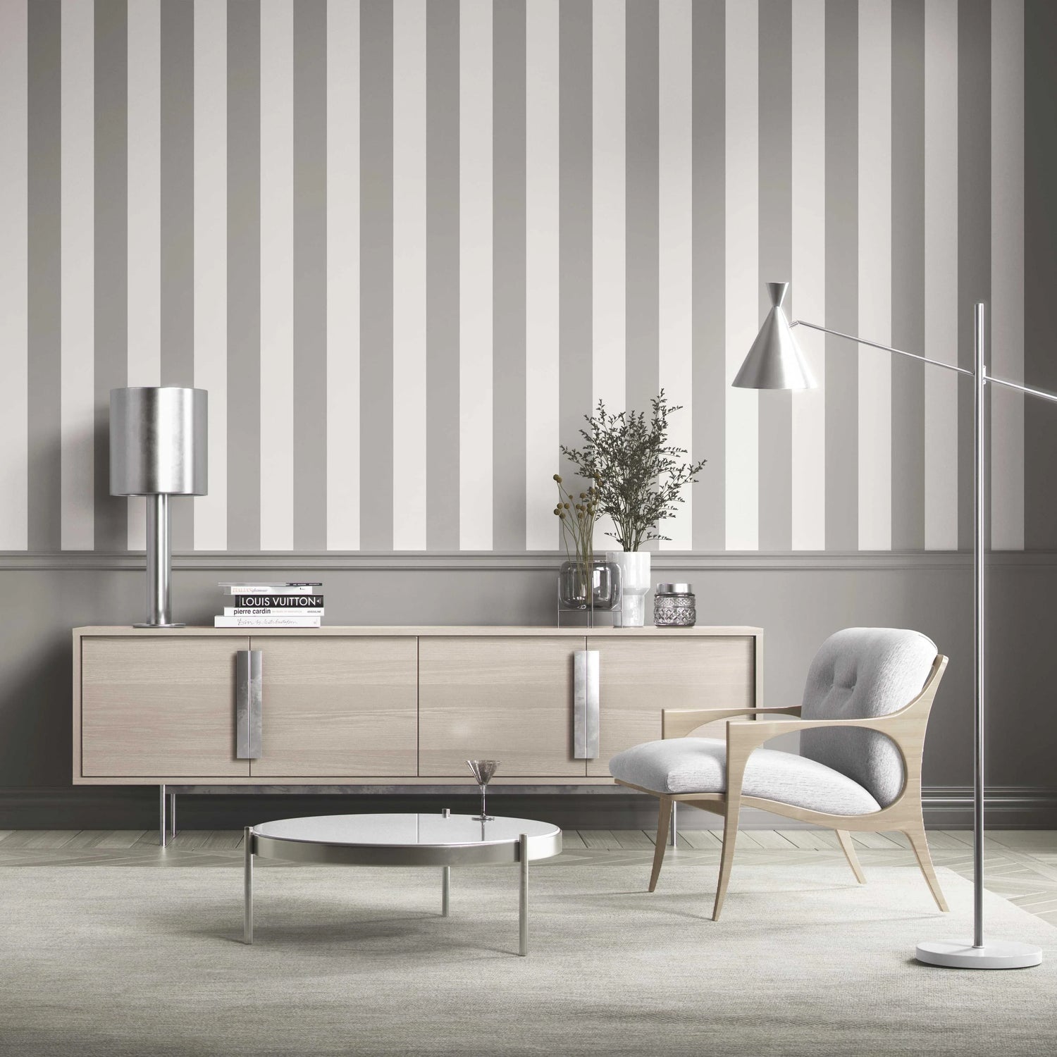 Neutral Geometric Striped Living Room Wallpaper (Grey/ White)