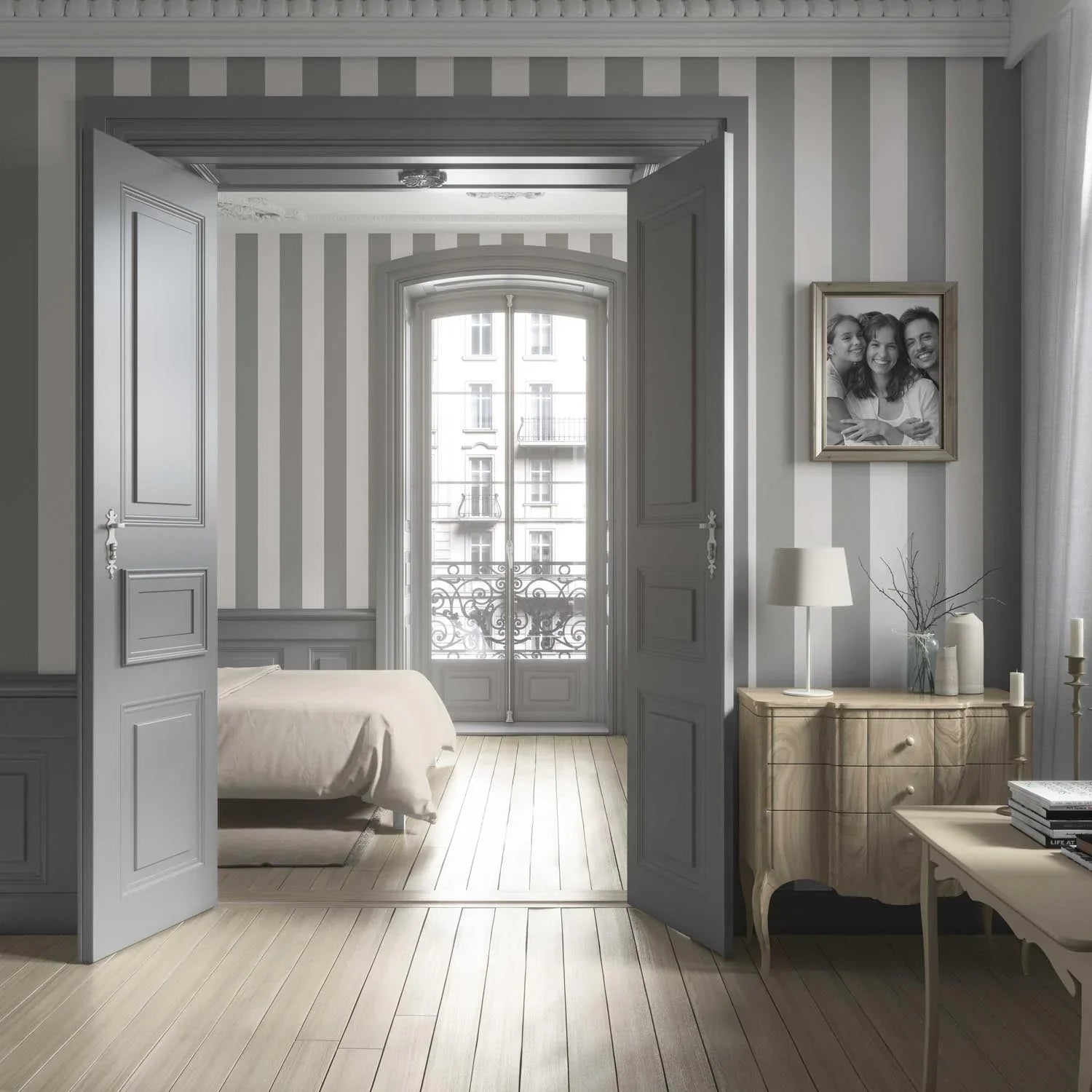 Neutral Geometric Striped Nursery Wallpaper (Grey/ White)